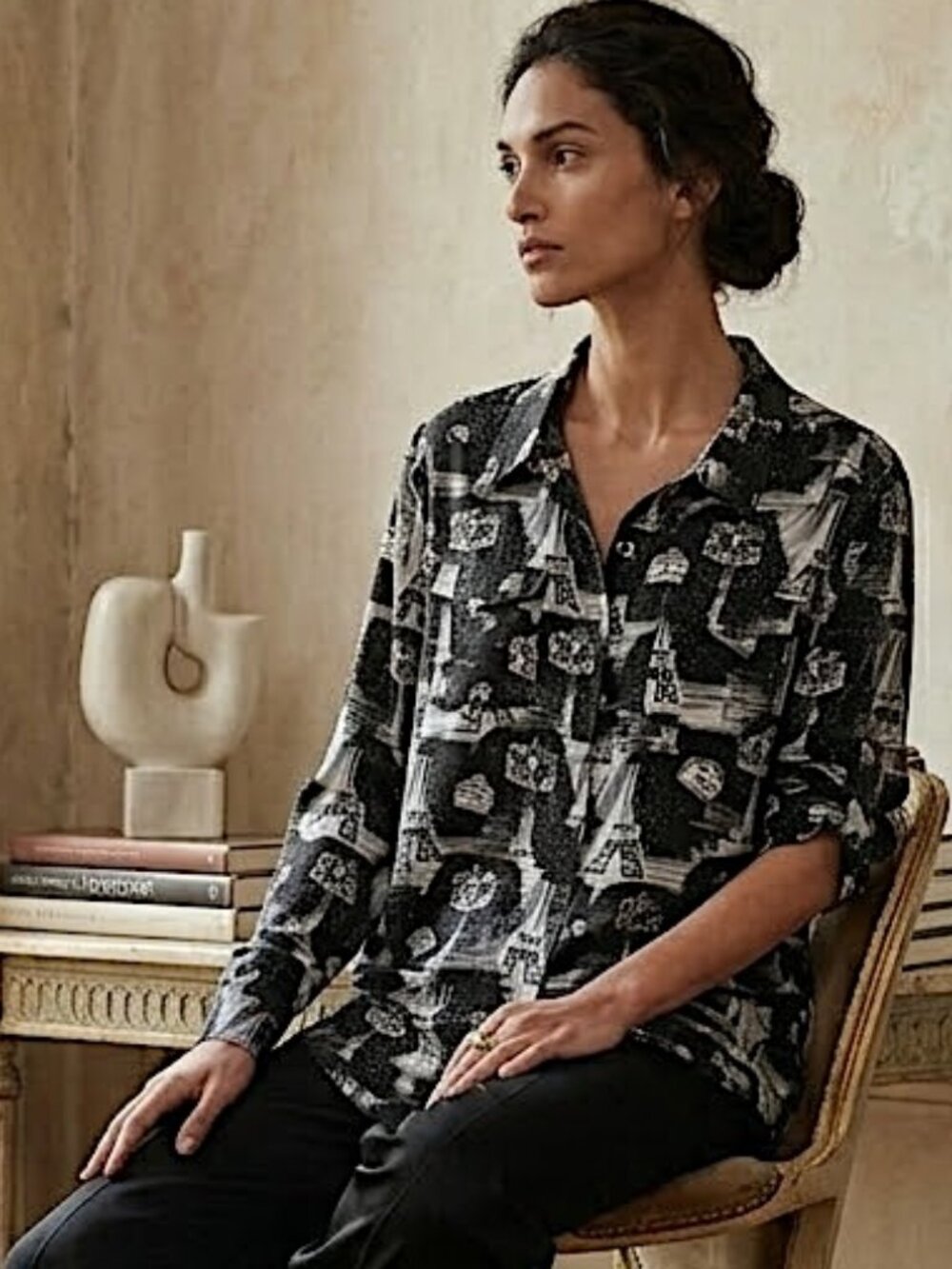 Karl Lagerfeld Paris Eiffel Tower Button Up Whimsical Roll-Tab Sleeve Blouse XL